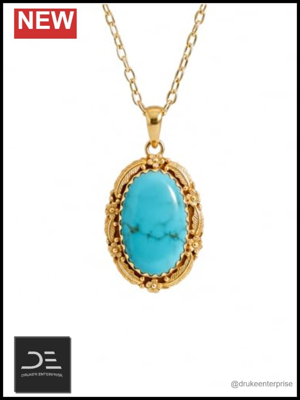 Turquoise Pendant Necklace Gold Plated Boho Western Native American 18in